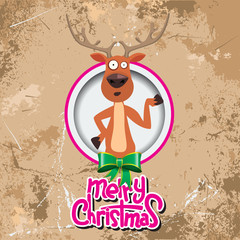 Christmas reindeer pointing at something in a circle. Merry christmas calligraphy. Old paper and Grunge effect with carving style Vector.