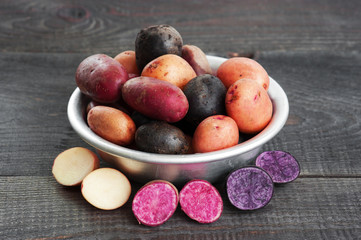 Fresh colorful potatoes in the metal bowl