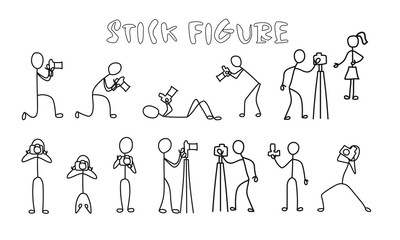 Set stick figure photographer. Simple professional cameraman black pictogram