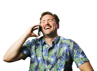 funny retro man with mustache and glasses on smart phone silly face laughing