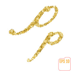Gold rush. Gold alphabetic letter p. Vector gold alphabet. Font with golden glitter. Letter "p" on white background.