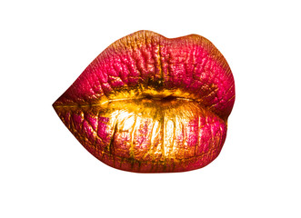 Lips close up, sexy red and gold female mouth. Red lipstick with gold, creative glamour make-up isolated on white background. Kiss passion icon. Part of face, young woman sexy plump lips with makeup