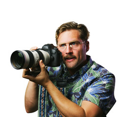 funny retro man with mustache and glasses creep photographer