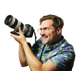 funny retro man with mustache and glasses creep photographer