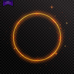 Vector glowing magic round frame. Glowing neon fire wave. Glitter sparkle trail effect on dark transparent background.