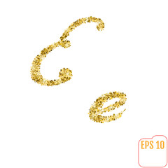 Gold rush. Gold alphabetic letter e. Vector gold alphabet. Font with golden glitter. Letter "e" on white background.