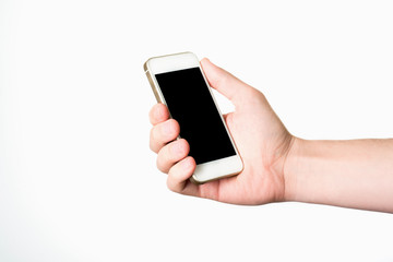 Man hand holding the white smartphone
