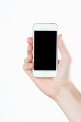Man hand holding the white smartphone