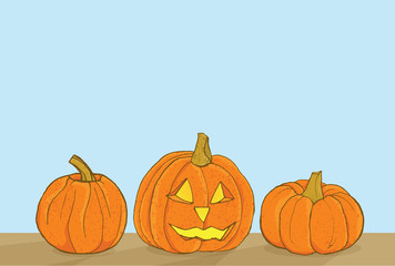 Tree Halloween Pumpkins with light blue background, fall colors with copy space. Hand drawn vector textured detailed illustration
