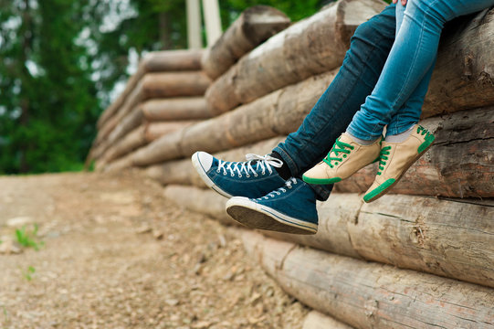 Couple man and woman feet outdoor