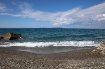 Beach with view to Aeolian Islands. Sicily. Italy