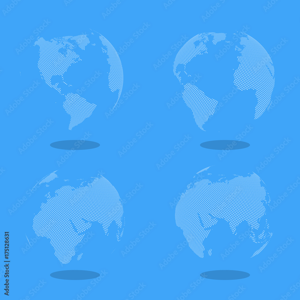 Sticker abstract set of globes with dotted map. color vector illustration.