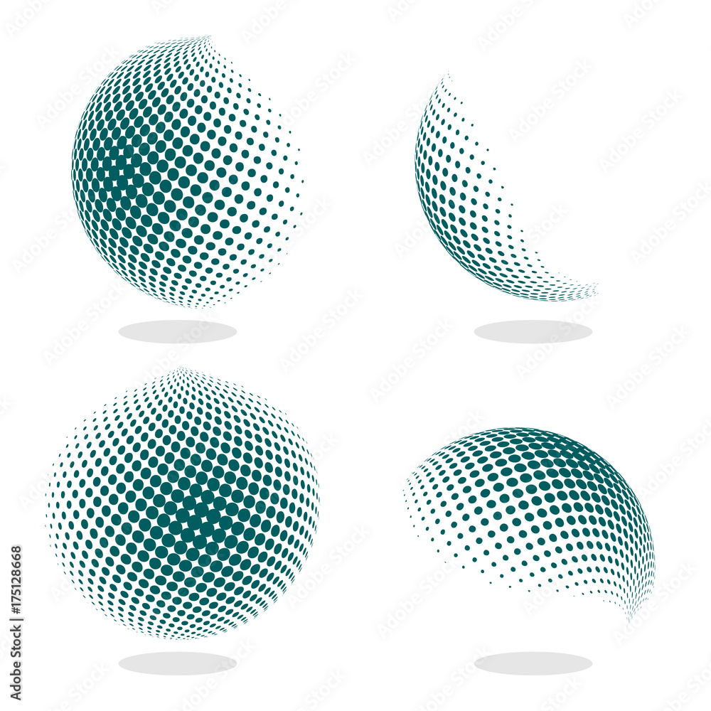 Wall mural abstract globe dotted sphere, 3d halftone effect vector background. color set of vector illustration
