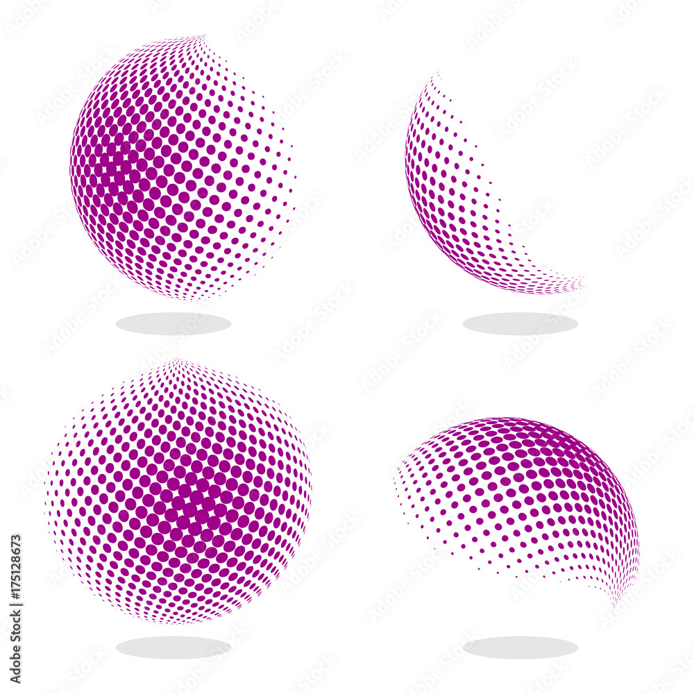 Poster abstract globe dotted sphere, 3d halftone effect vector background. color set of vector illustration