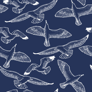 Dark Seagull Seamless Pattern. Graphic Hand Drawn Flying Seagulls. Vector Background with Flying Birds