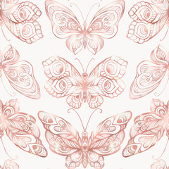 Butterflies with decor pattern. Seamless pattern, background. Graphic in rose gold colors.