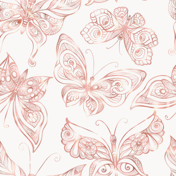Butterflies with decor pattern. Seamless pattern, background. Graphic in rose gold colors.