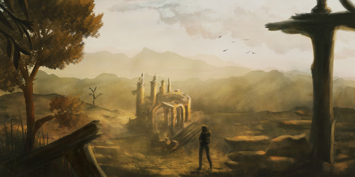 Idyllic scenery where a person discovers old ruins, digital painting