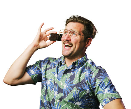 funny retro man with mustache and glasses on flip phone