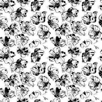 Black anemone flowers and leaves ornament pattern