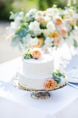 Obraz na płótnie Canvas decorated wedding table with beautiful wedding cakeand flowers, outdoor, fine art.