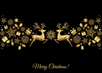 Xmas gold decoration with reindeer, holly, gifts and  snowflakes. © alenaohneva