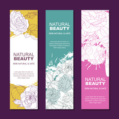 Set of vector backgrounds for label or package. Sketch hand drawn illustration of rose flowers on watercolor background. Concept for natural herbal cosmetic, essential oil, spa and massage.