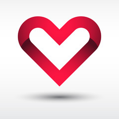 Shiny red heart icon or logo with shadow. Modern style illustration of a heart shape symbol.