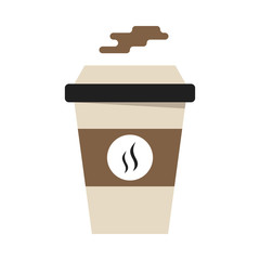 Flat lay design hot drink paper cup with heat icon and steam isolated on white background.