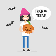 Trick or treat, Halloween illustration. Young female character holding a Halloween pumpkin / flat editable vector illustration, clip art