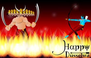 eps 10 vector Happy Dussehra illustration. Silhouette of God Rama holing bow and arrow against demon Ravana standing in fire. Vijayadasami or Dasara Hindu festival promotional logo sign for web, print