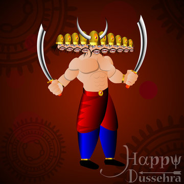 eps 10 vector Happy Dussehra illustration. Silhouette of Ravana demon with his ten heads isolated on ornaments background. Vijayadasami or Dasara Hindu festival promotional logo sign for web, print