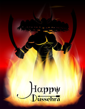 eps 10 vector Happy Dussehra illustration. Silhouette of Ravana demon with his ten heads holding swords and standing in fire. Vijayadasami or Dasara Hindu festival promotional logo sign for web, print
