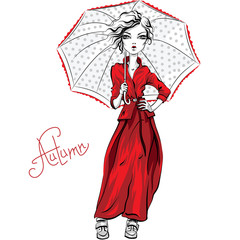 Vector beautiful fashion hipster girl top model in autumn clothes, red jacket and skirt with umbrella