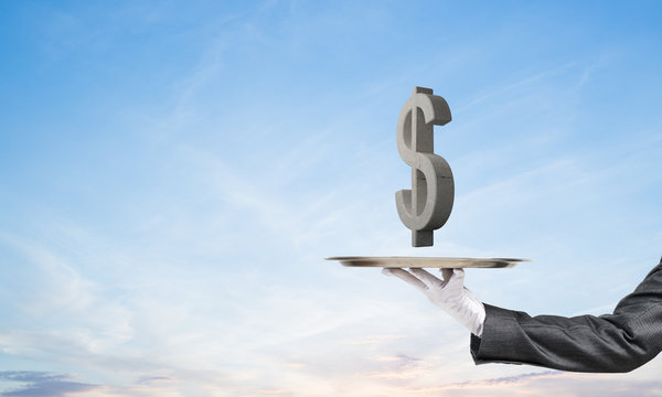 Waiter presenting dollar symbol on tray.