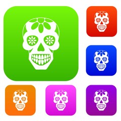 Sugar skull, flowers on the skull set color collection