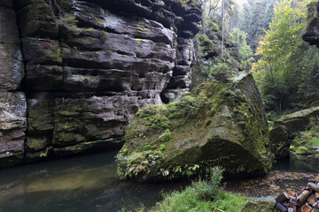 Obraz premium Wild autumn Landscape around the Creek Kamenice in the Czech Switzerland with Sandstone Boulders, Czech Republic