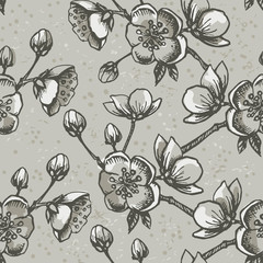 Apple flower blossom hand drawn, seamless vector floral pattern, outline art for greeting card, package design cosmetic, wedding invitation, wallpaper beauty