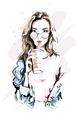 Hand drawn beautiful young woman portrait. Fashion girl with coffee cup. Stylish woman in sunglasses. Sketch.