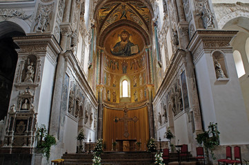 Interior of Cefalu Cathedral with mosaic of Christ Pantokrator in the apse, Sicily, Italy
