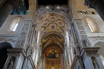 Interior of Cefalu Cathedral with mosaic of Christ Pantokrator in the apse, Sicily, Italy