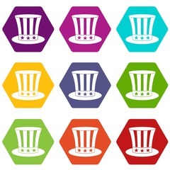 Uncle sam hat icon set color hexahedron