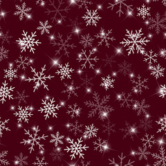 Transparent snowflakes seamless pattern on wine red Christmas background. Chaotic scattered transparent snowflakes. Beautiful Christmas creative pattern. Vector illustration.