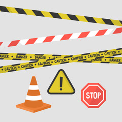 Attention signs set. Police tapes, road signs and equipment / flat editable vector illustration, clip art