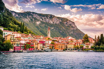 Must see in Italy. Lake Como. Varenna, Italy. Summer time. European vacation, living life style, architecture and travel concept.