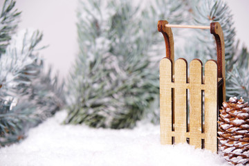 Winter, Schlitten und Äste im Schnee
