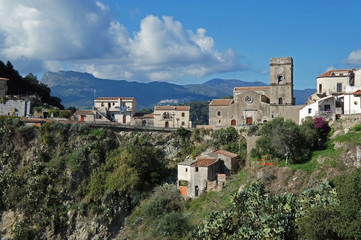 Fototapeta na wymiar Landscape with Godfather's (Corleone) village and surrounding hills - Savoca in Italy