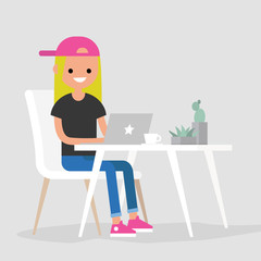 Fototapeta na wymiar Working space. Young female character typing on a laptop / flat editable vector illustration, clip art