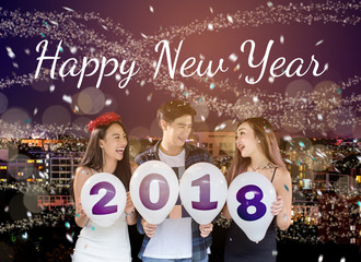 Young Asian people are laughing happily. There are wording 