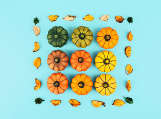 Decorative pumpkins on blue background.
